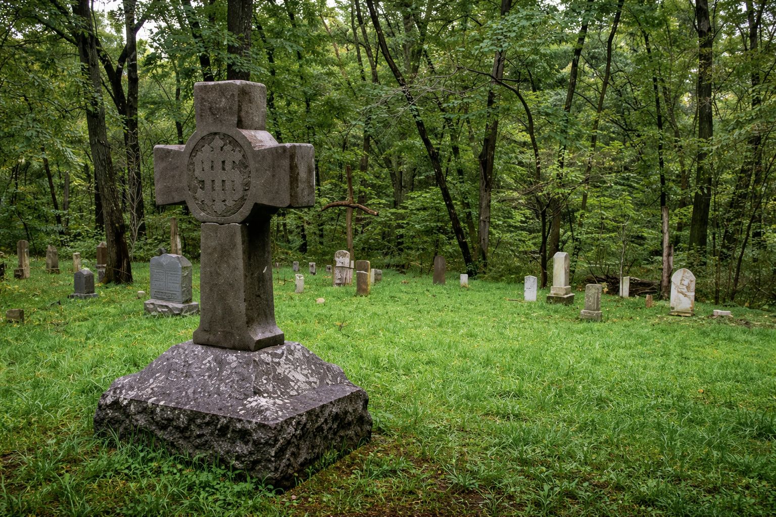 Stone Celtic-style cross among headstones in a green woodland clearing