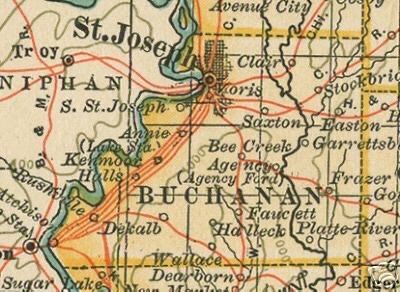 Detail of a 19th-century map showing Buchanan County, St. Joseph and Easton