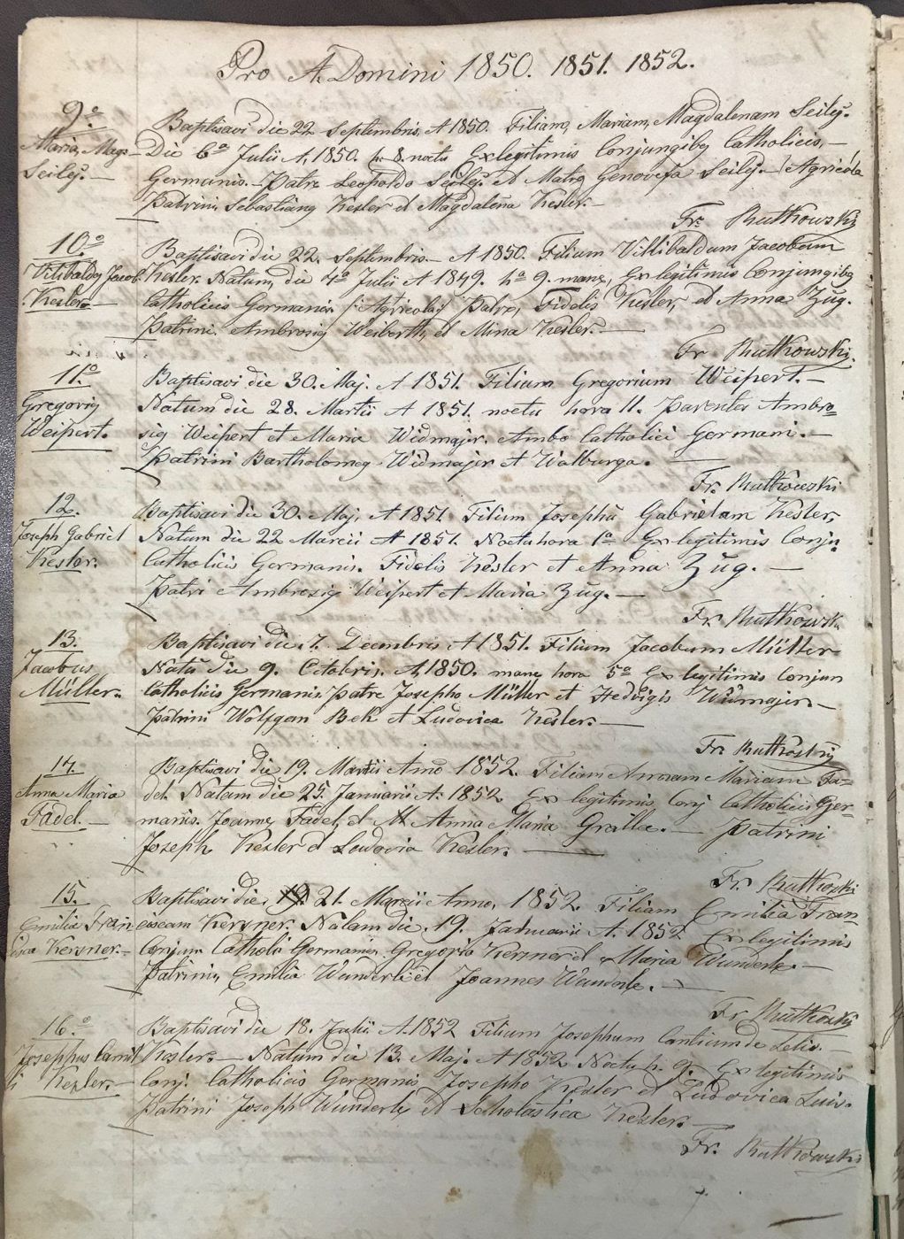 Page from a 19th-century sacramental register, 1850–1852